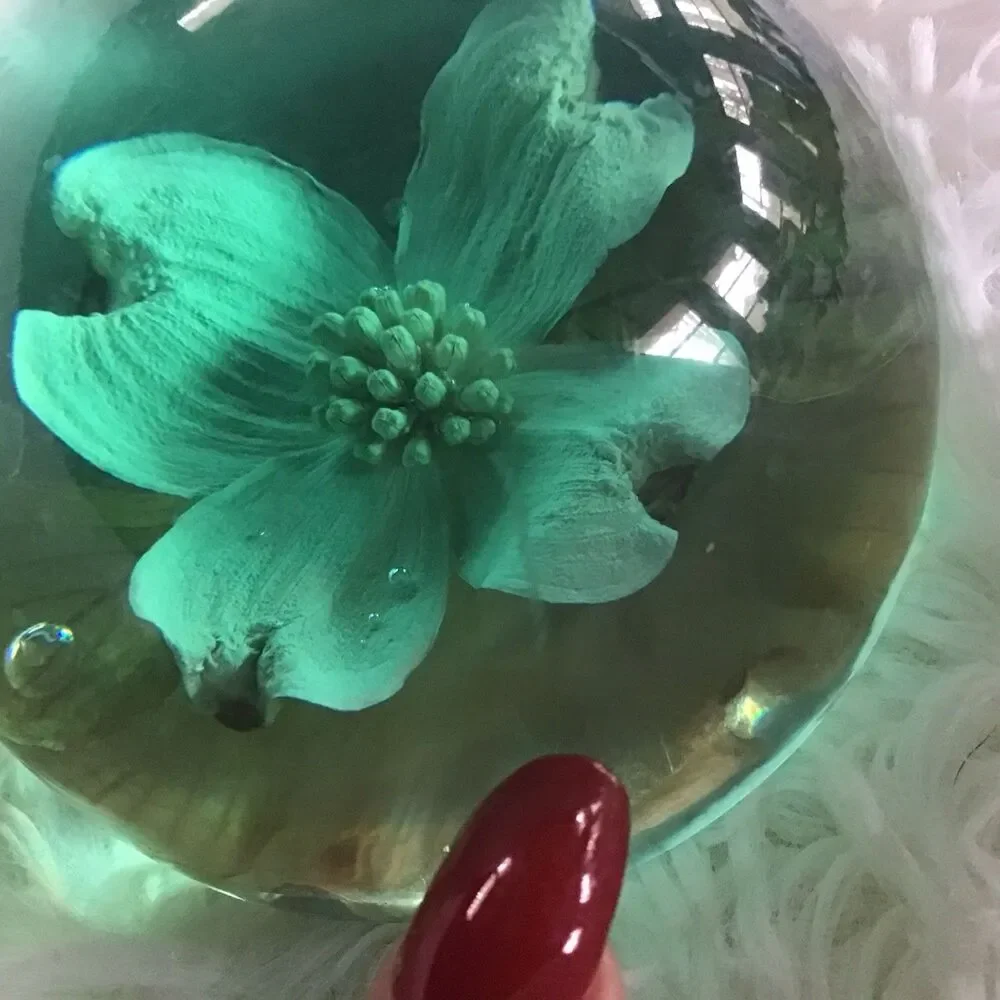 Lucite Paperweight Blue Dogwood Flower Half Circle Signed W Rolfe